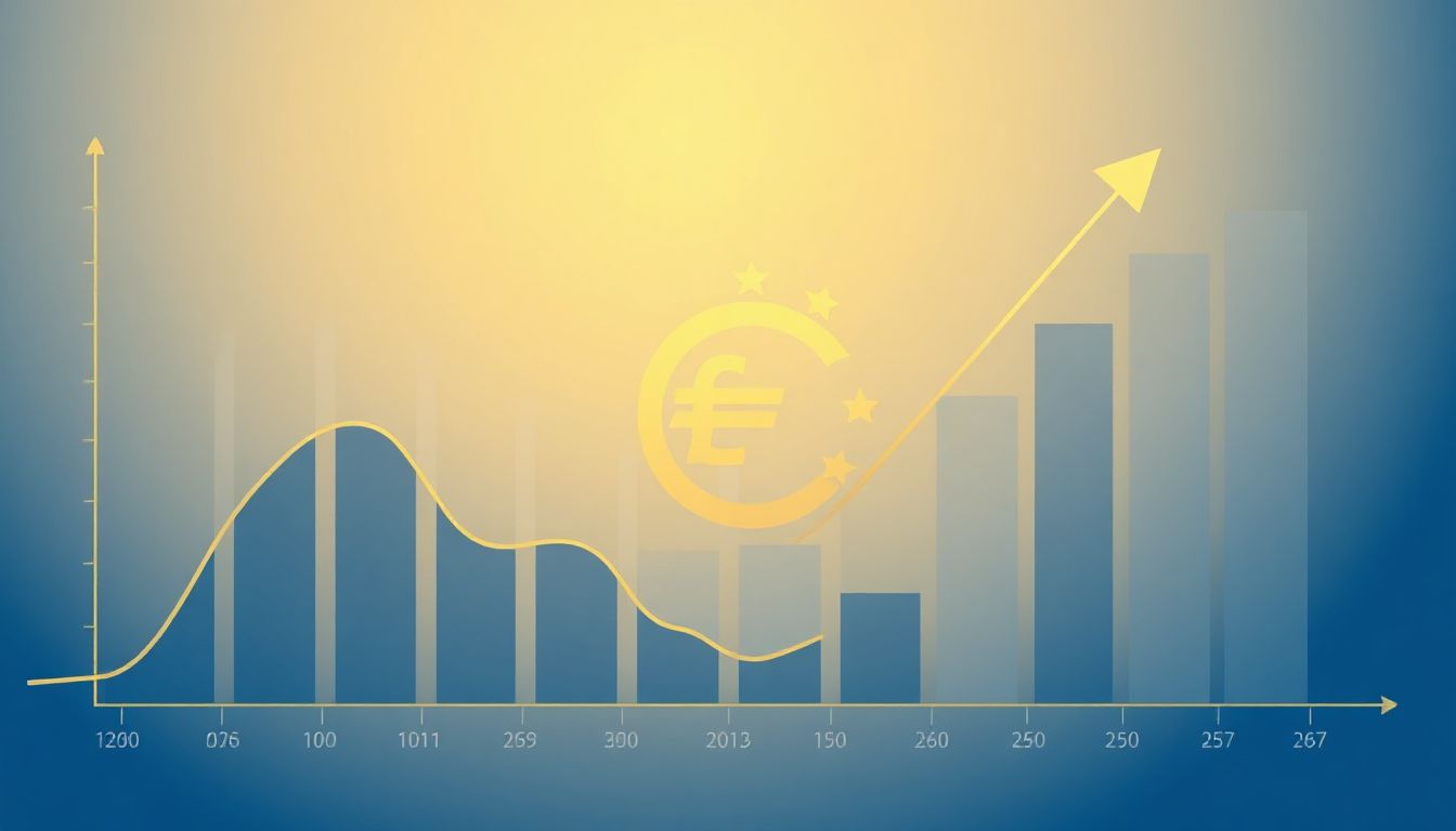 (A hand placing a Euro coin on a stack, with a blurred graph and chart in the background, symbolizing financial decisions and economic impact.)