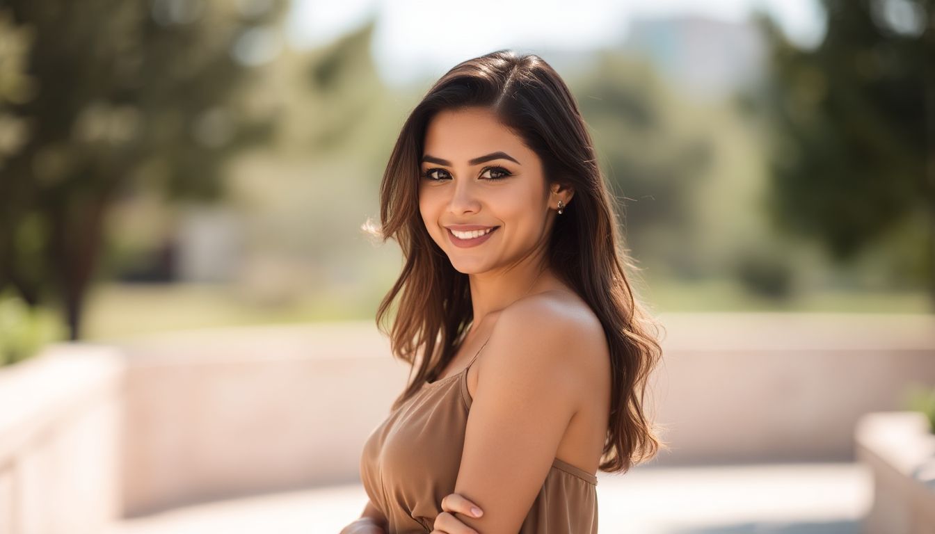 Embrace your natural beauty: A confident woman poses gracefully, ready for her close-up.