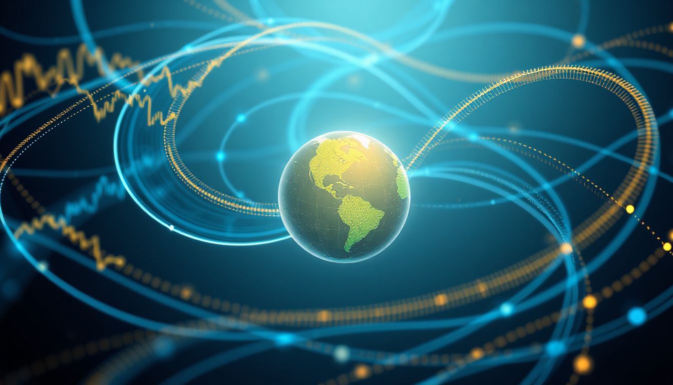 Global markets reacting to economic data, showing a trader looking at multiple screens with charts and news feeds.