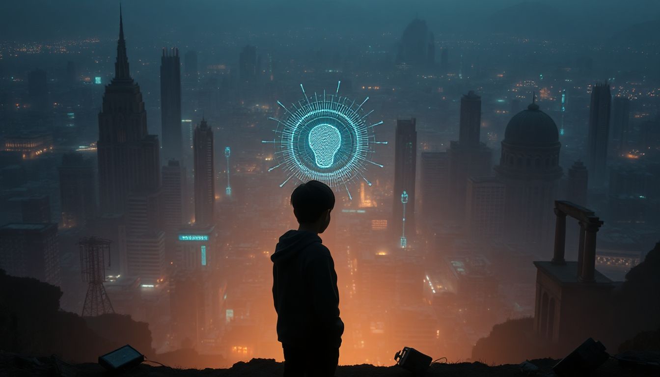 People from various generations connecting and collaborating around a glowing AI brain, symbolizing shared learning and growth.