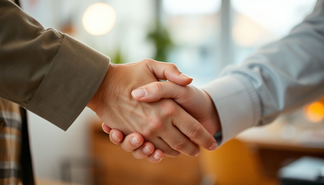 A smiling woman confidently shaking hands with a client, symbolizing trust and strong professional relationships in business.