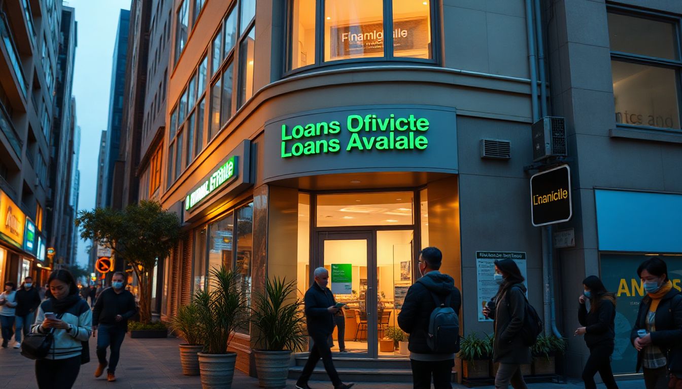 Persona revisando opciones de préstamos en un banco local, con un mapa en el fondo mostrando ubicaciones cercanas