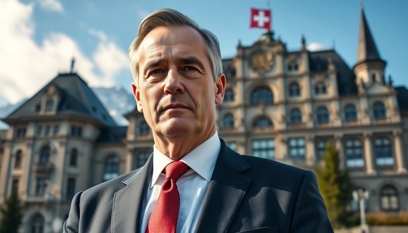 Retrato de Alfred Heer, político suizo del SVP, en un entorno formal