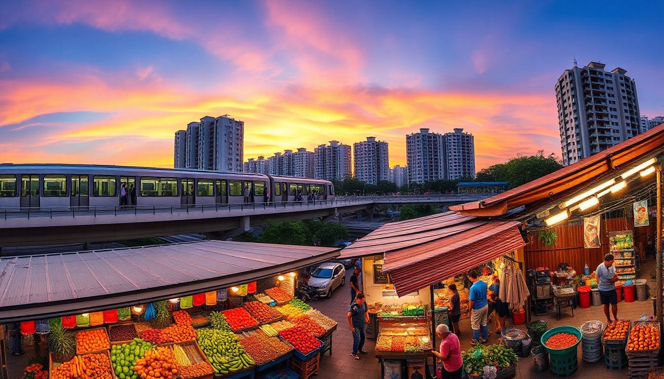 Vista panorámica de Boon Lay con sus edificios modernos y jardines verdes, mostrando el equilibrio entre vida urbana e industrial en Singapur