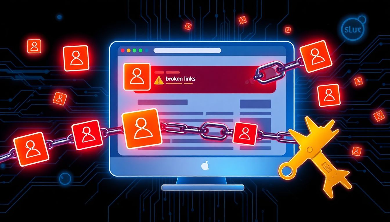 A frustrated webmaster staring at a plummeting graph of website traffic, with tools like a wrench and checklist floating nearby to represent fixing SEO issues