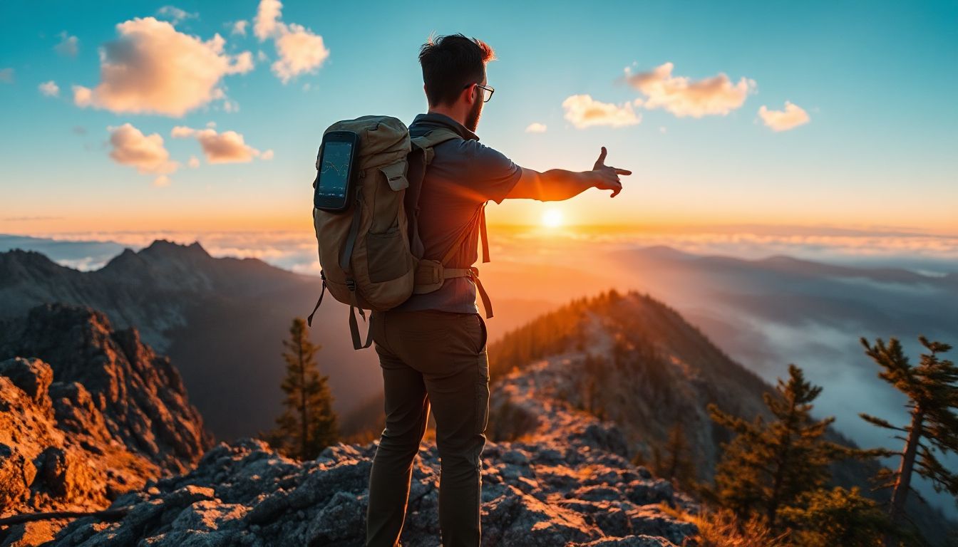 Hiker checking GPS on a rugged trail with mountains in the background