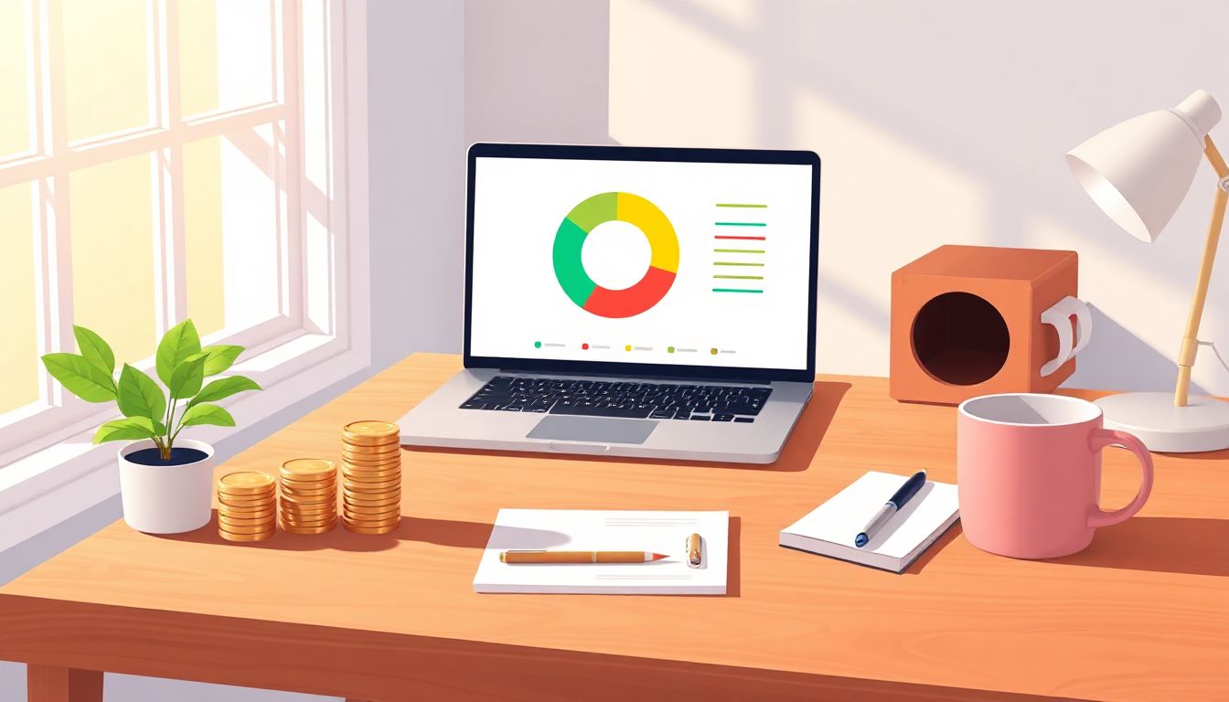 A happy couple reviewing their budget on a tablet, surrounded by charts and coffee mugs, representing control over finances