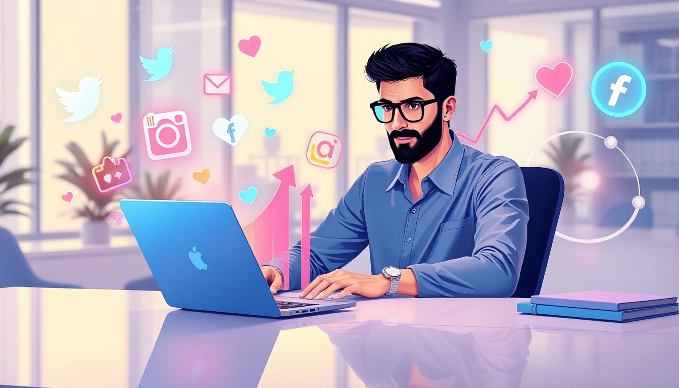 A dynamic illustration of social media icons connecting people and brands across a global network