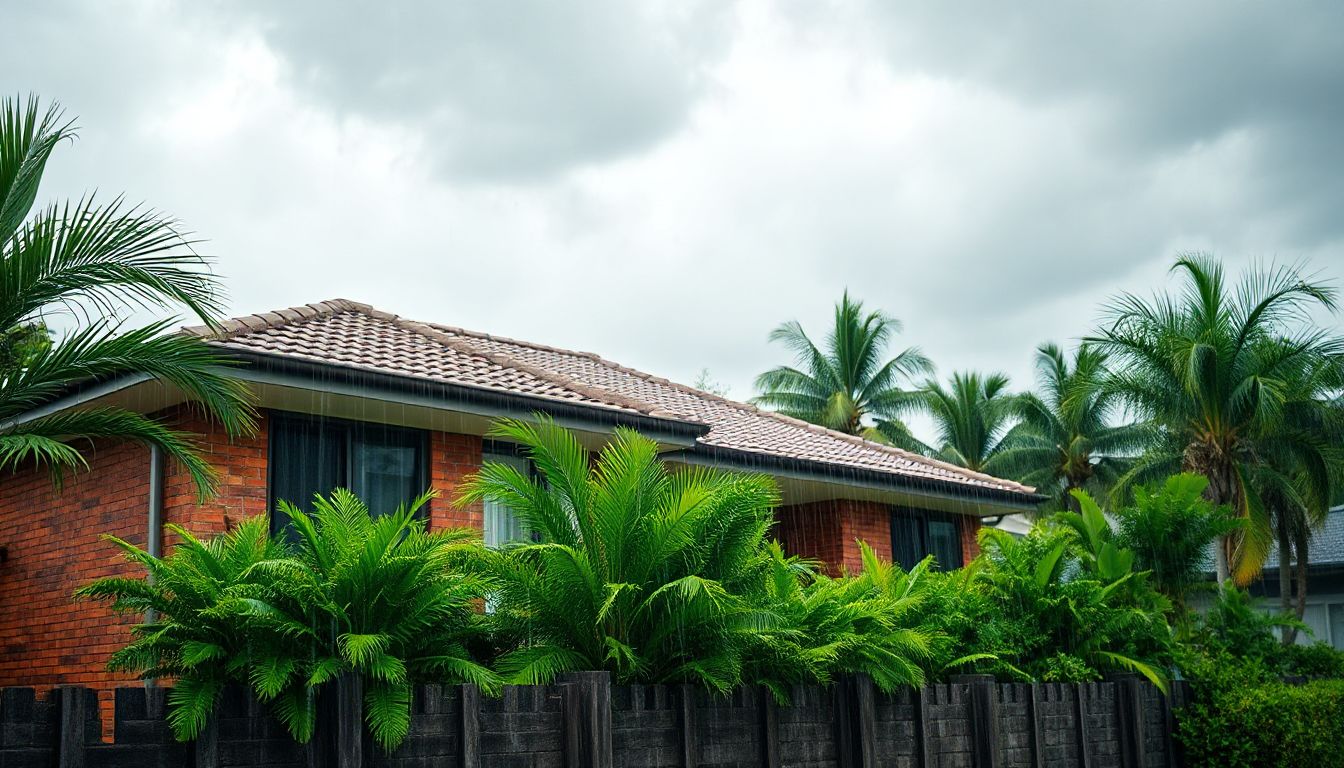 A sturdy Brisbane home stands firm against pouring rain, showcasing effective waterproofing that keeps the interior dry and safe.