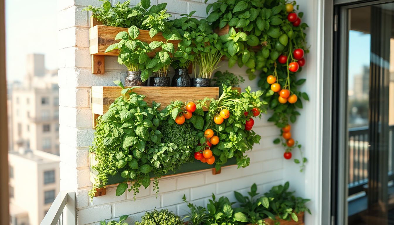 Horta vertical florida em uma parede de apartamento urbano, cheia de ervas frescas e vegetais