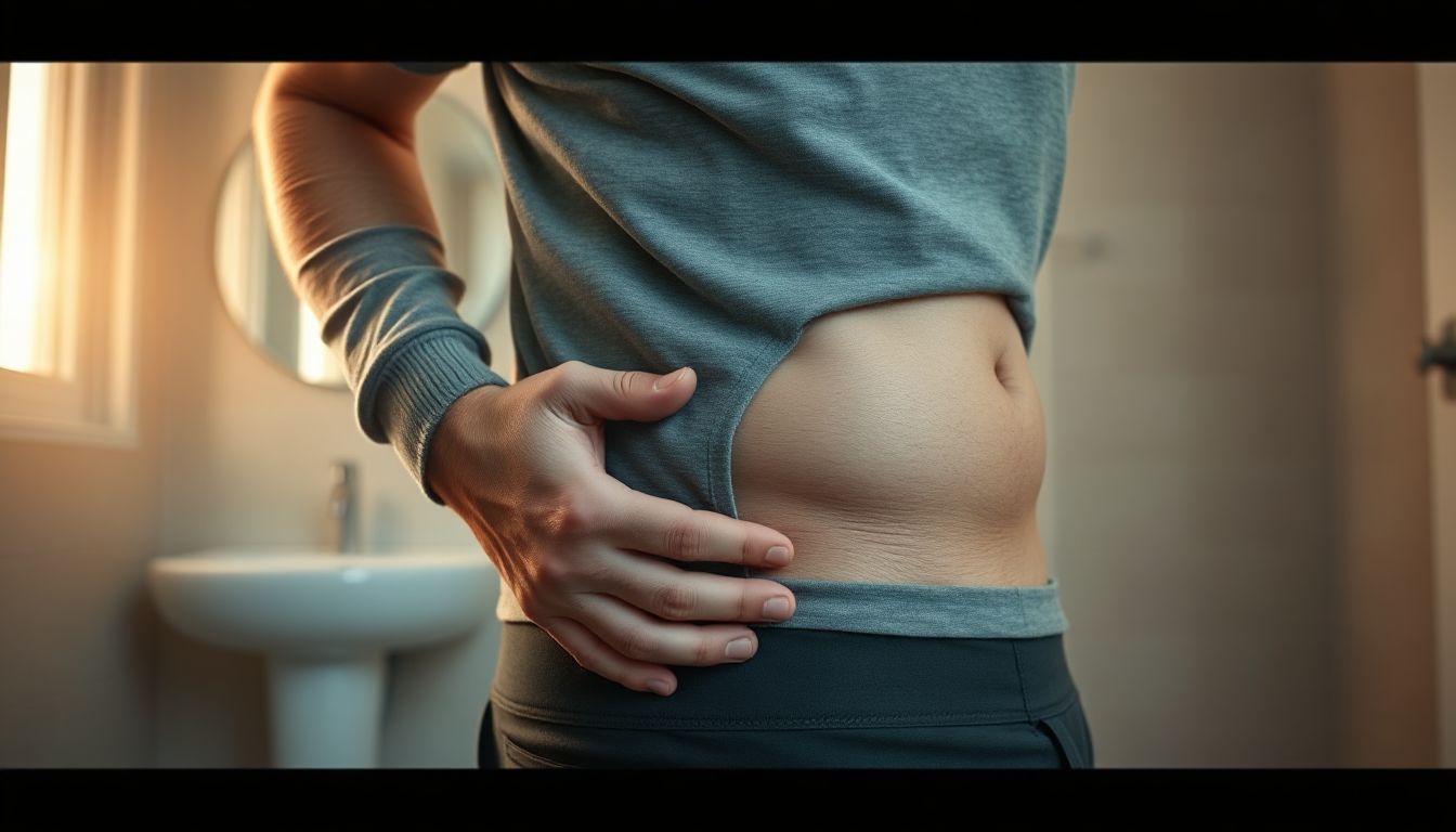 Man in comfortable clothes sitting on a couch, holding a notebook, looking thoughtful while monitoring his health symptoms at home