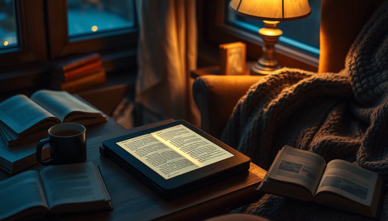 A sleek Kindle e-reader rests on a wooden table next to a steaming cup of coffee, inviting you to dive into a world of stories anywhere, anytime.