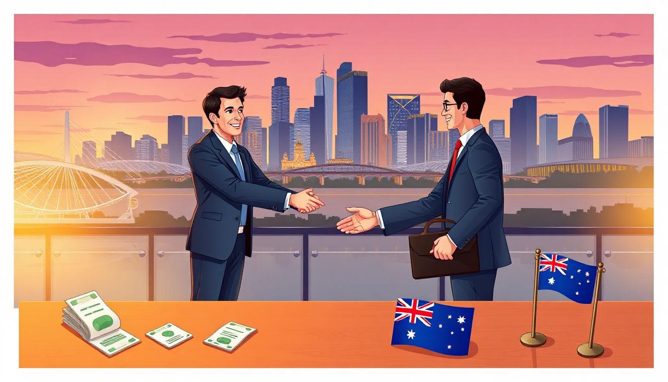 A bustling Melbourne cityscape with entrepreneurs shaking hands over a loan agreement, symbolizing growth and partnership in Victoria's business hub