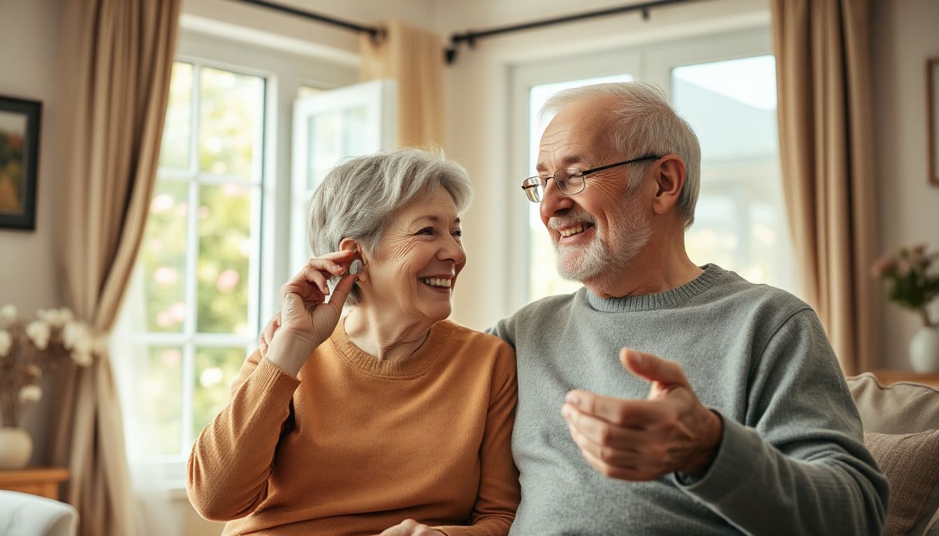 Smiling senior couple enjoying a conversation with their new hearing aids, looking happy and connected.