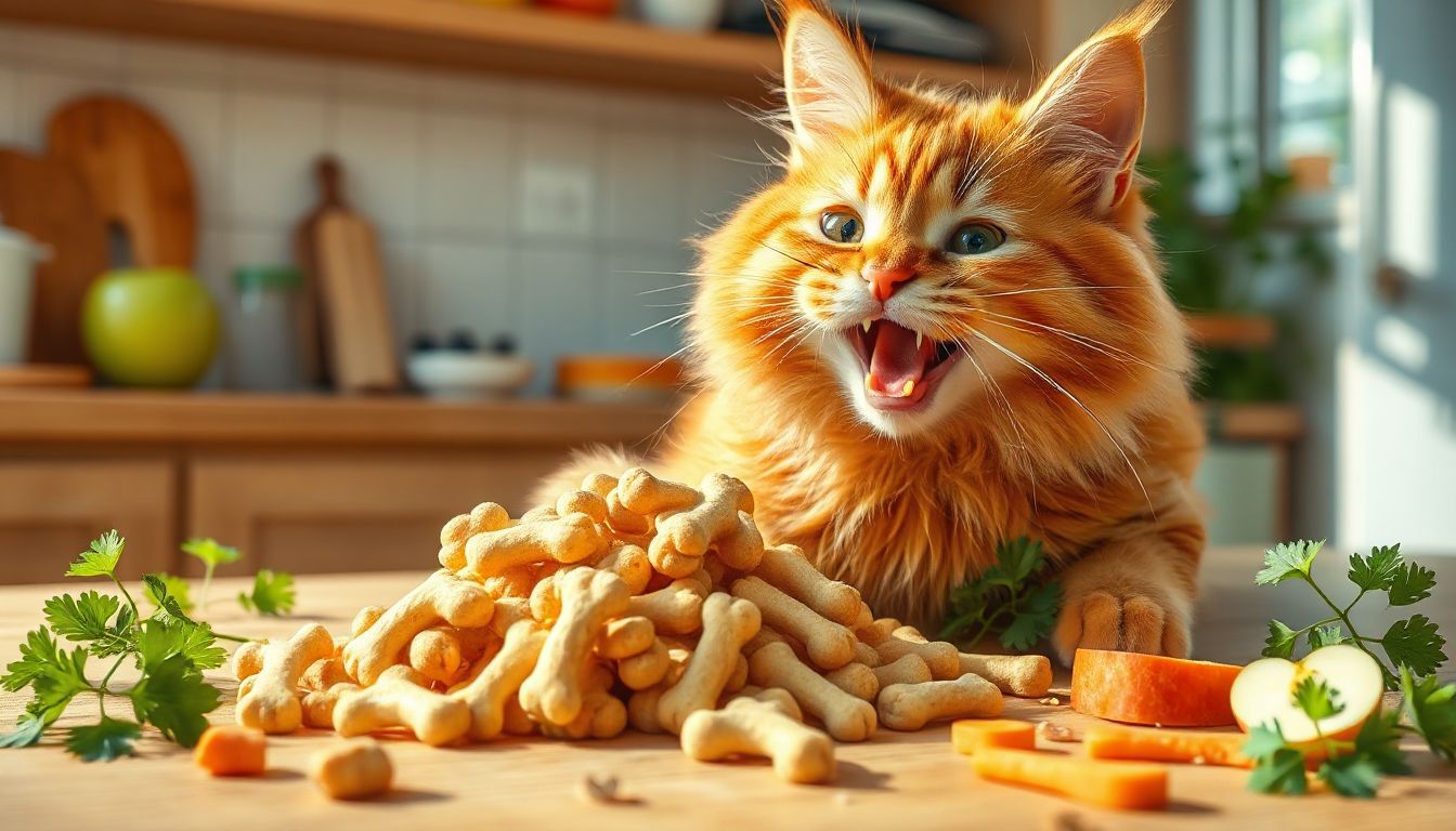 A playful cat munching on a crunchy treat for sparkling teeth