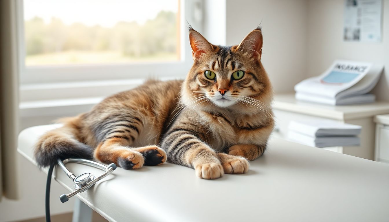 A curious cat lounging on a vet's table during a routine check-up, symbolizing the importance of proactive pet health care