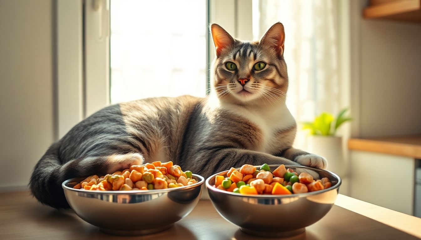 A vibrant cat savoring premium kibble in a sunny kitchen, symbolizing vitality and long-term health