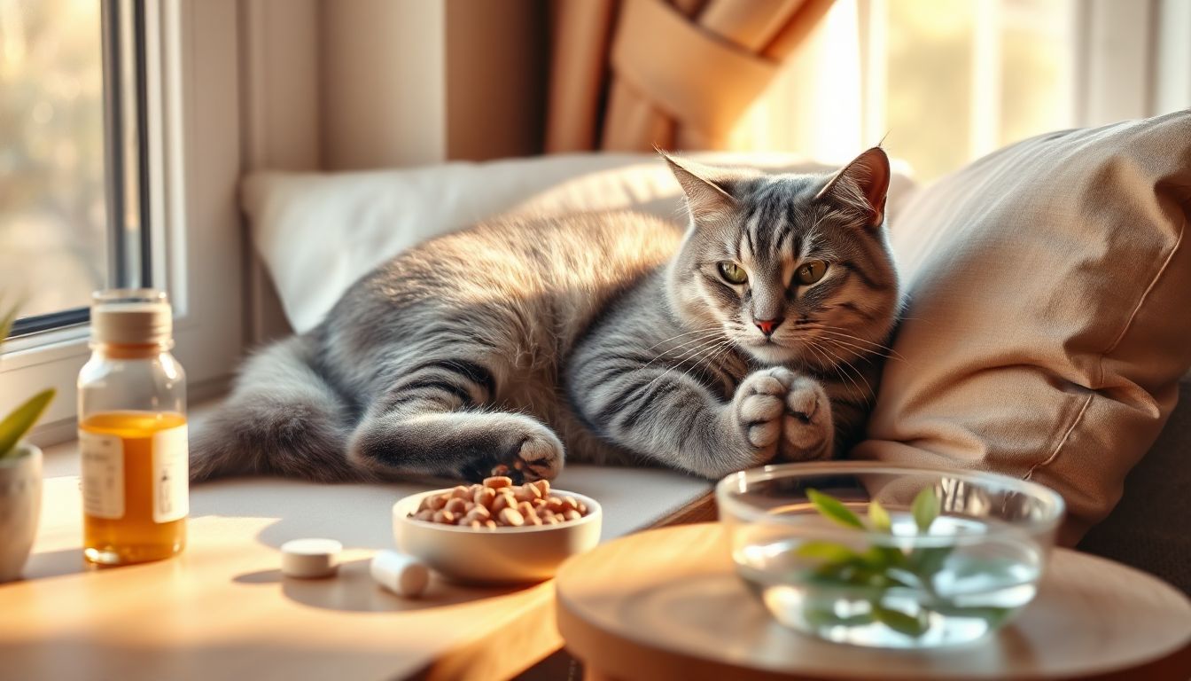 A senior cat relaxing on a cozy blanket, symbolizing comfort in its golden years.