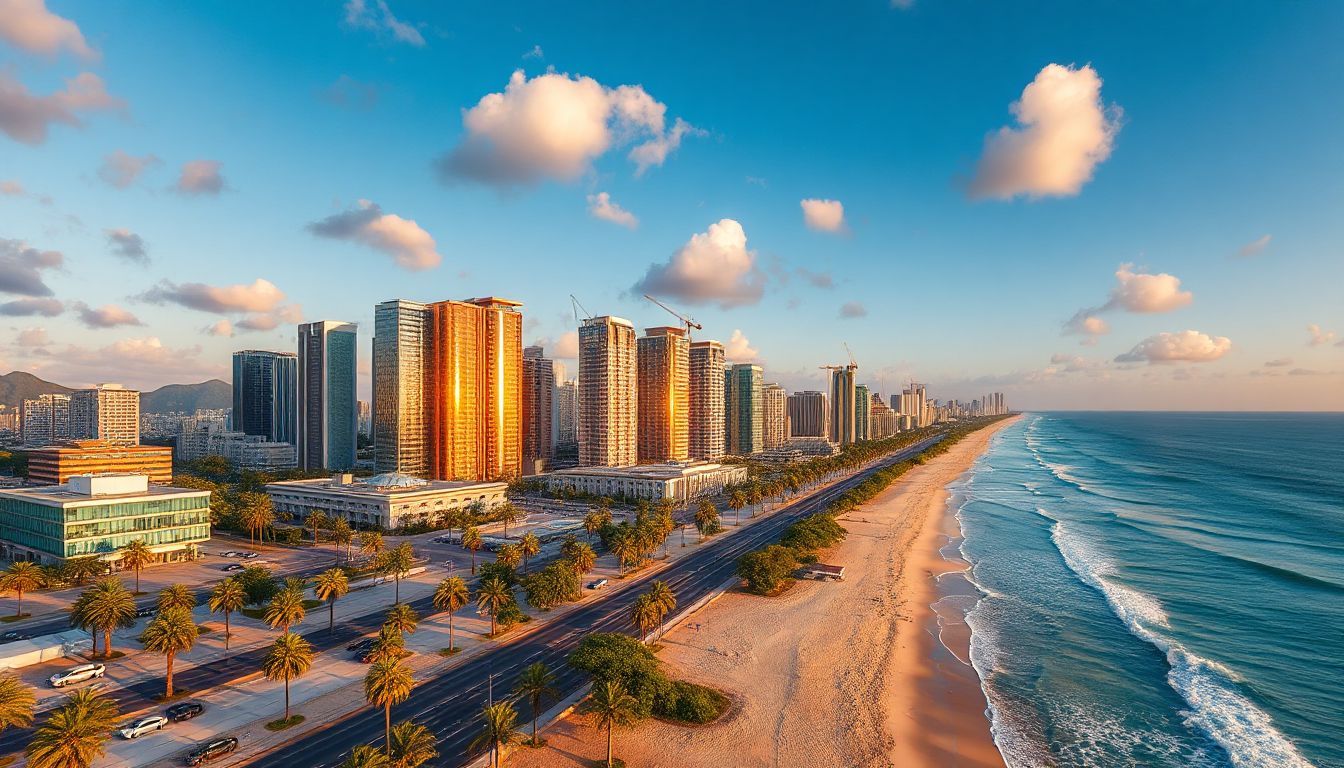 Vista icônica de Balneário Camboriú com arranhões ao pôr do sol, simbolizando o boom imobiliário da cidade