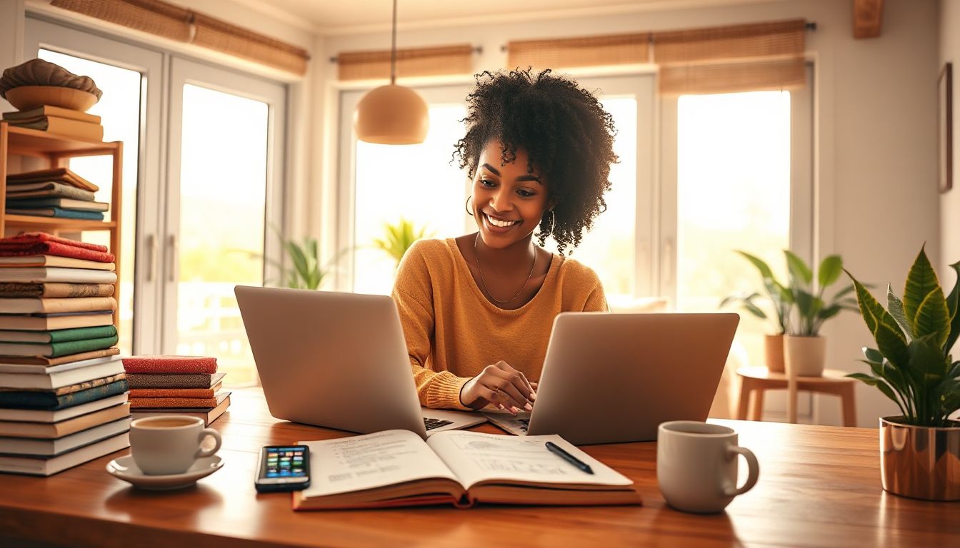 Pessoa sorridente trabalhando em casa com laptop, explorando ideias de renda extra no conforto do lar
