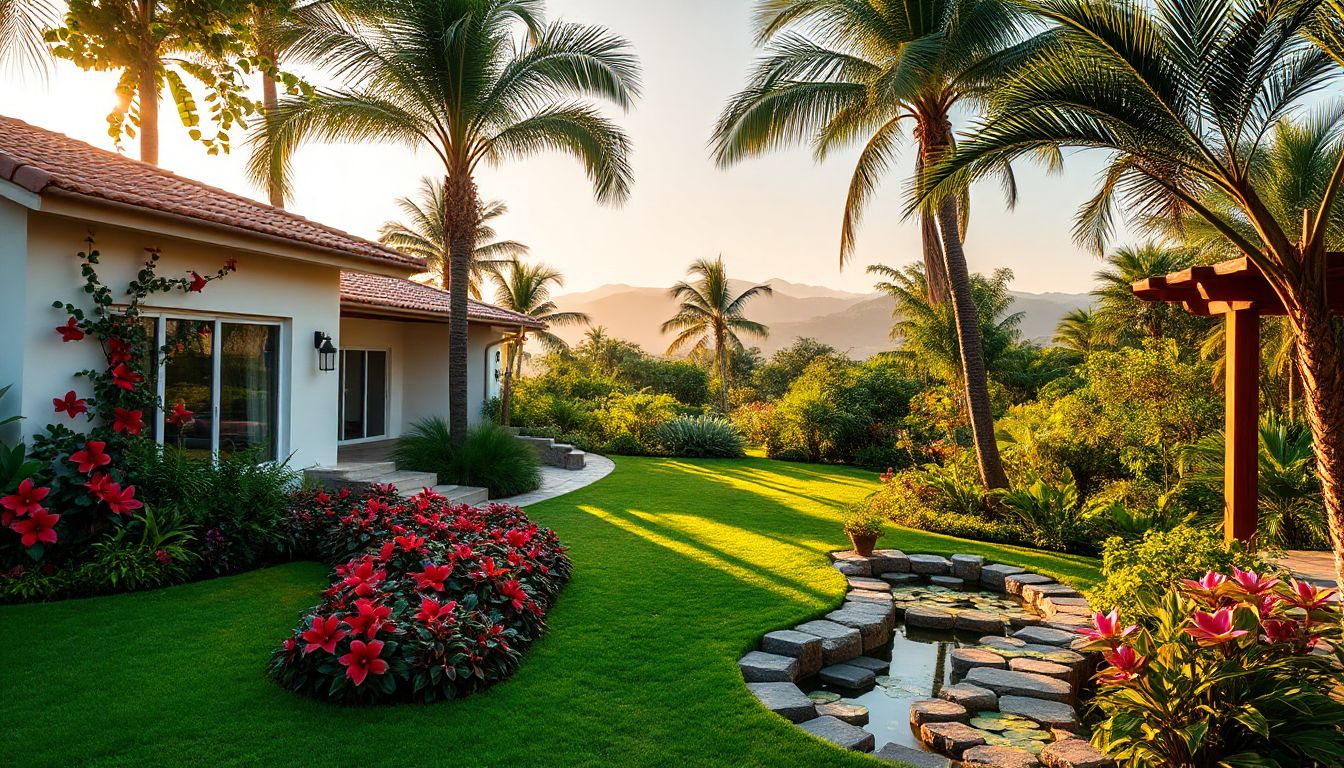 Um jardim vibrante ao redor de uma casa moderna, com plantas nativas e caminhos de pedra que conectam o interior ao exterior, criando um oásis verde e acolhedor.