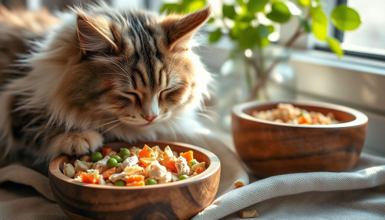 A contented cat with shiny fur, free from itchy skin woes, savoring a bowl of allergy-friendly kibble.