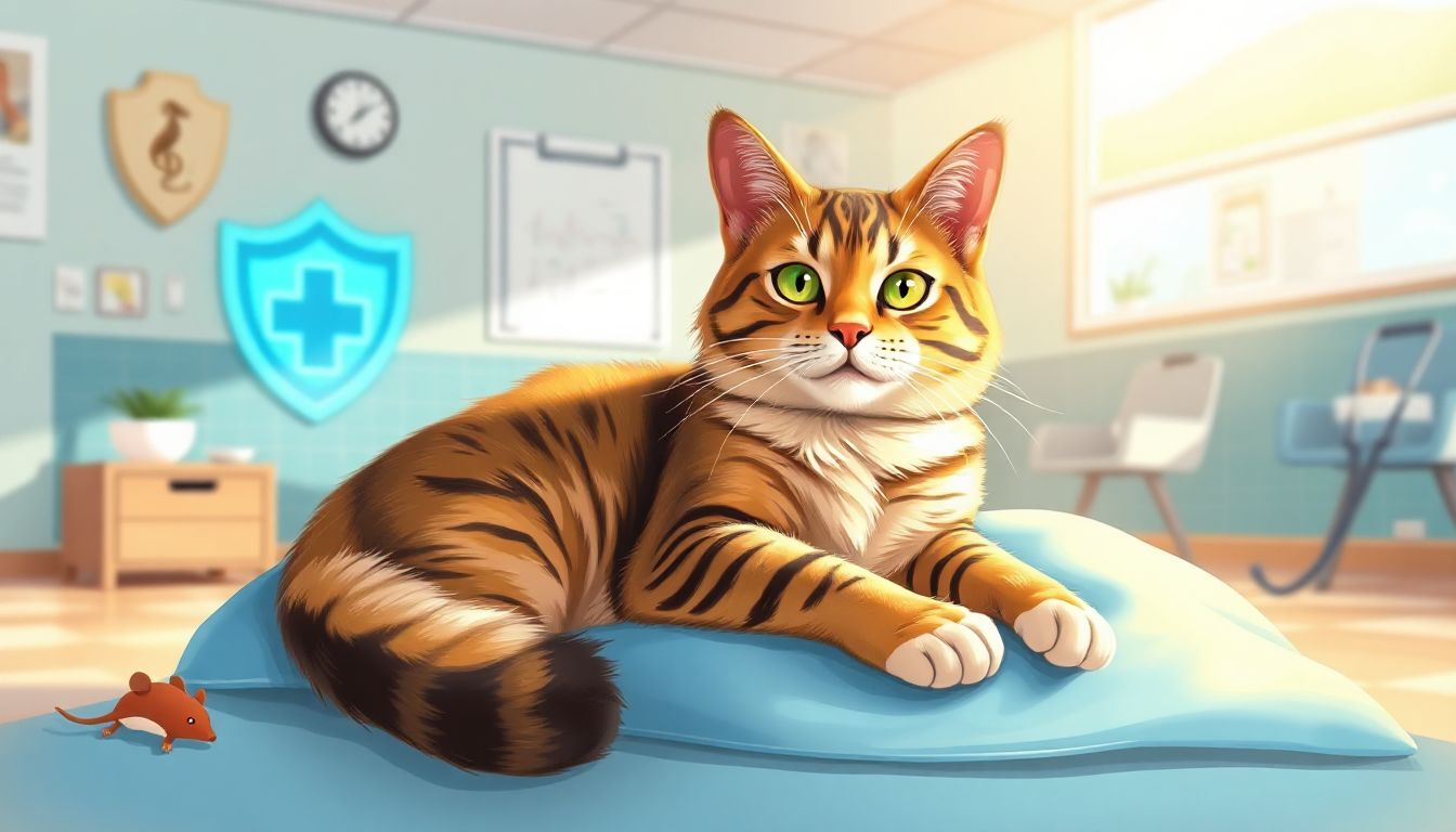 A cozy cat resting on a vet's table during a check-up, highlighting the need for reliable health insurance to cover unexpected medical needs.