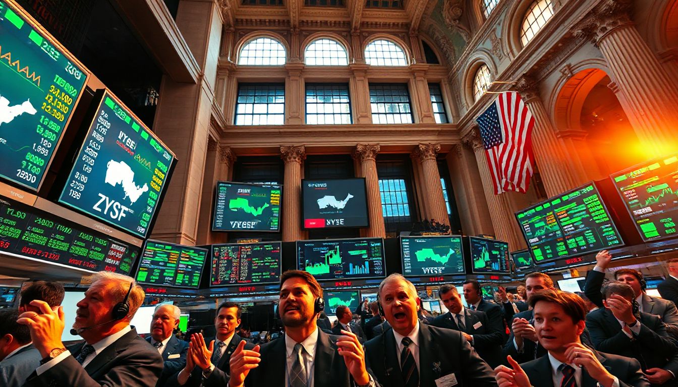 The iconic facade of the New York Stock Exchange on Wall Street, symbolizing the heart of global finance