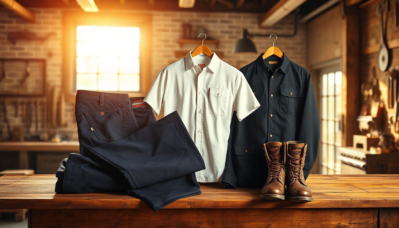 Classic Dickies work pants and jacket on a busy construction site, showing durability in real use