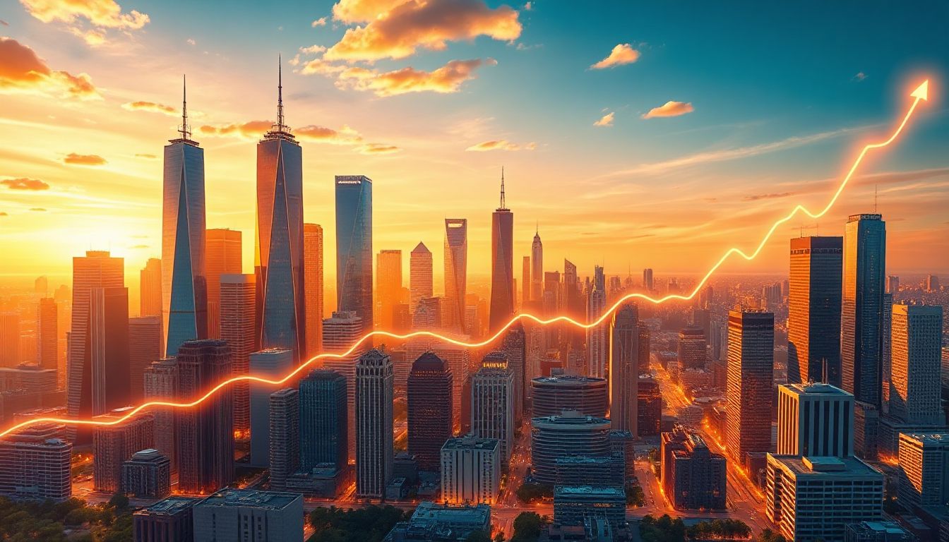 Stock market graphs rising with icons of tech and green energy companies