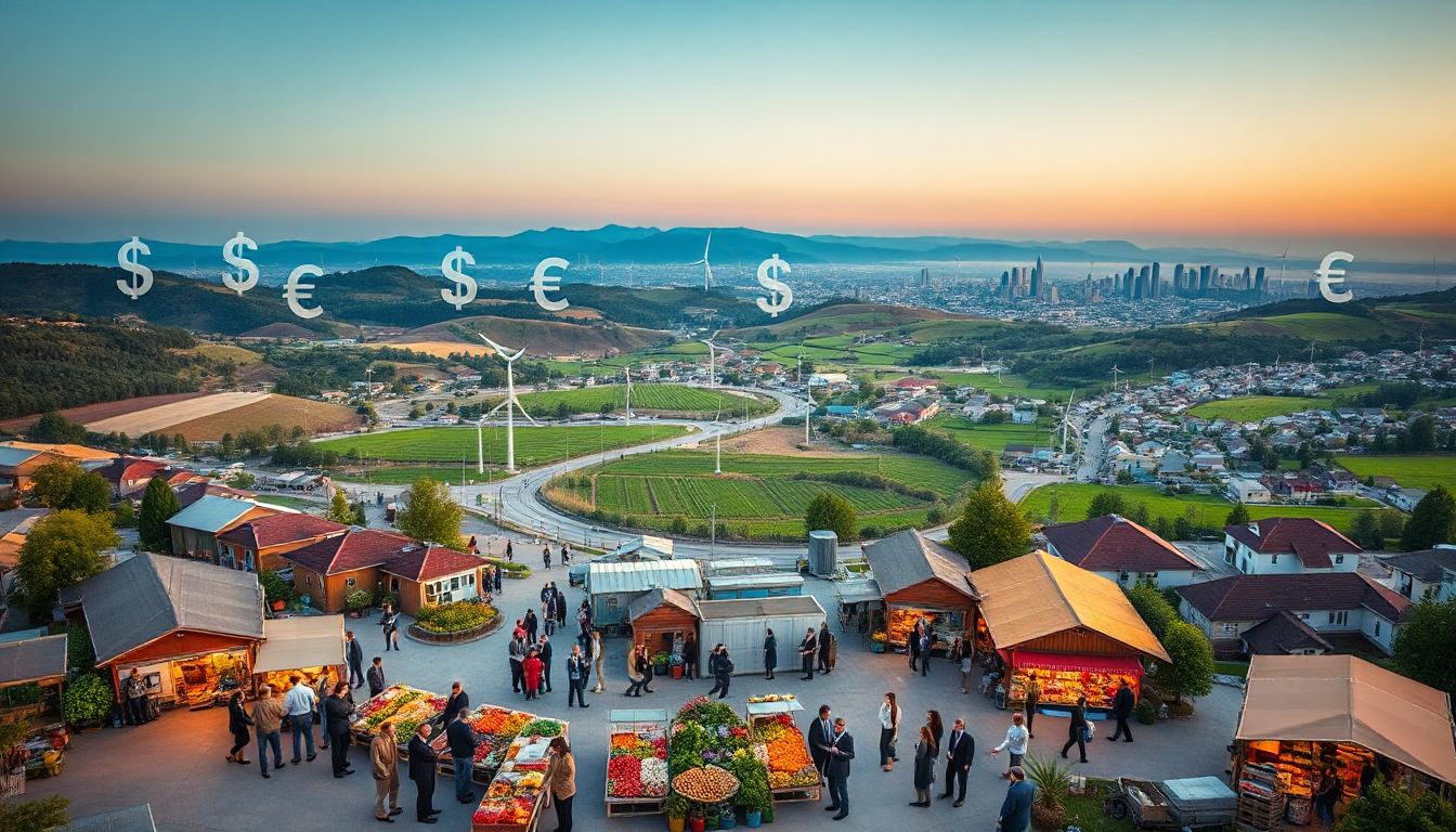 A bustling city skyline contrasts with a quiet rural landscape, symbolizing the role of regional finance in bridging economic gaps.