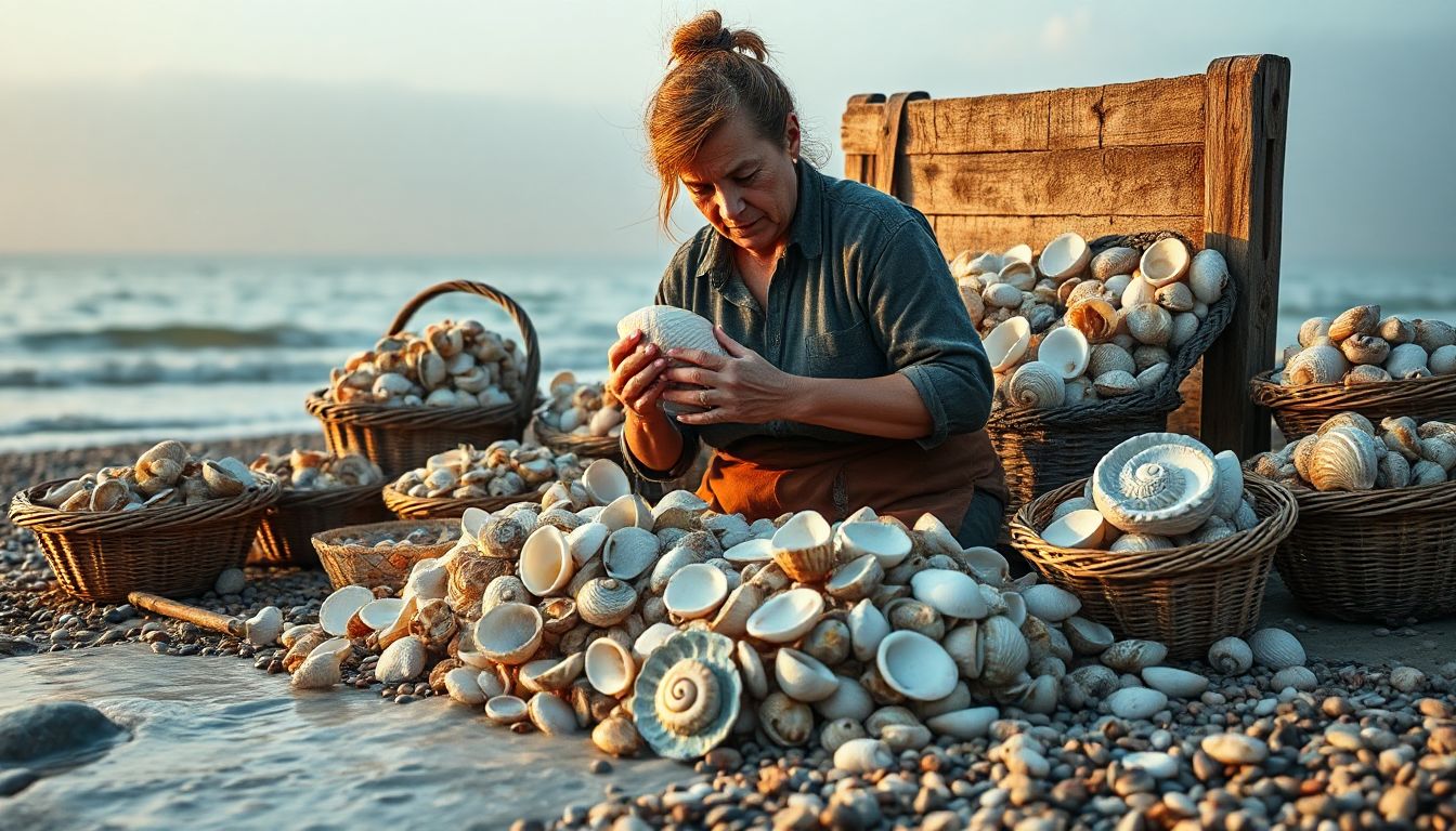 Vintage scene of a woman gathering shells along a rocky English coastline, capturing the grit of seaside labor