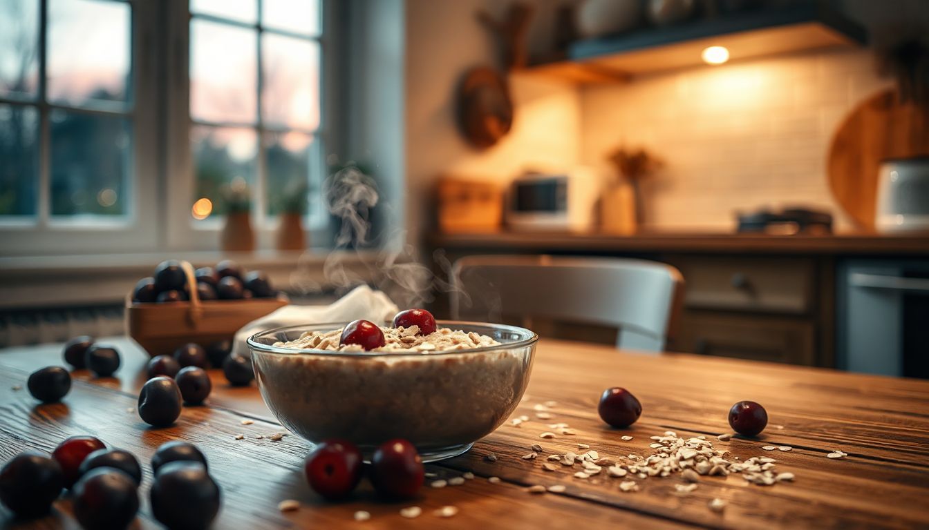 A cozy bowl of fresh cherries mixed with warm oats, evoking a peaceful evening ritual for better rest.