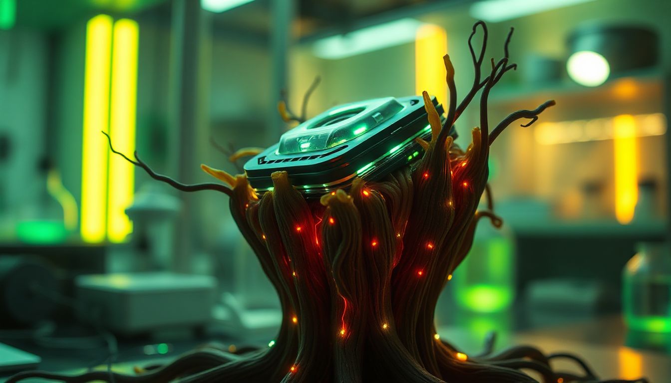 A vibrant lab scene showing glowing green bio-machines sprouting like plants from nutrient-rich soil, symbolising the blend of life and tech.