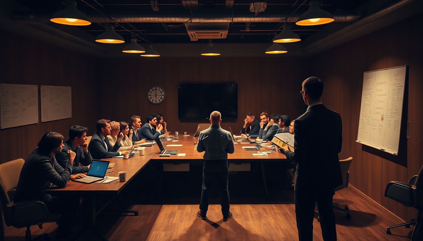A diverse group of sharp-minded professionals huddled around a table, sparking ideas that light up the room, showing the power of collective smarts over solo brilliance.