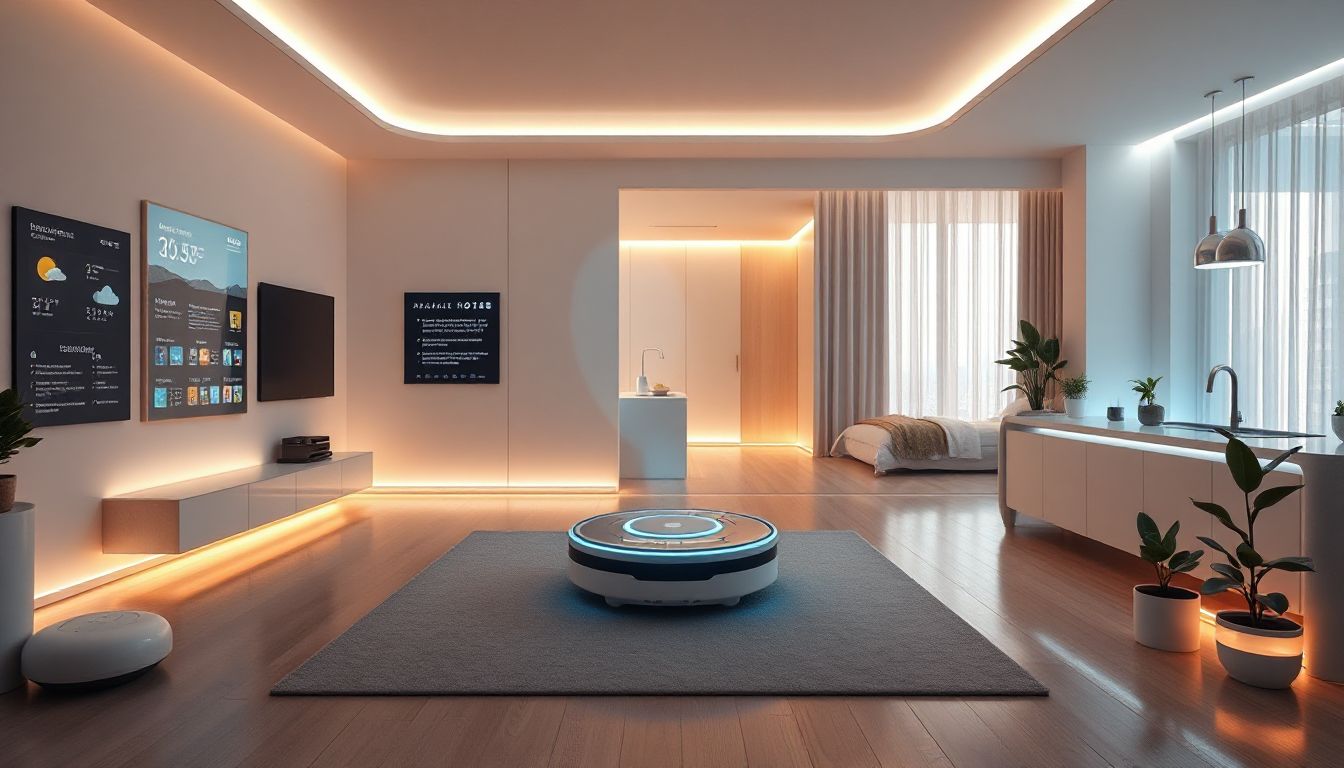 A sleek smart home setup with glowing AI devices lighting up a cosy living room, showing the future of effortless living