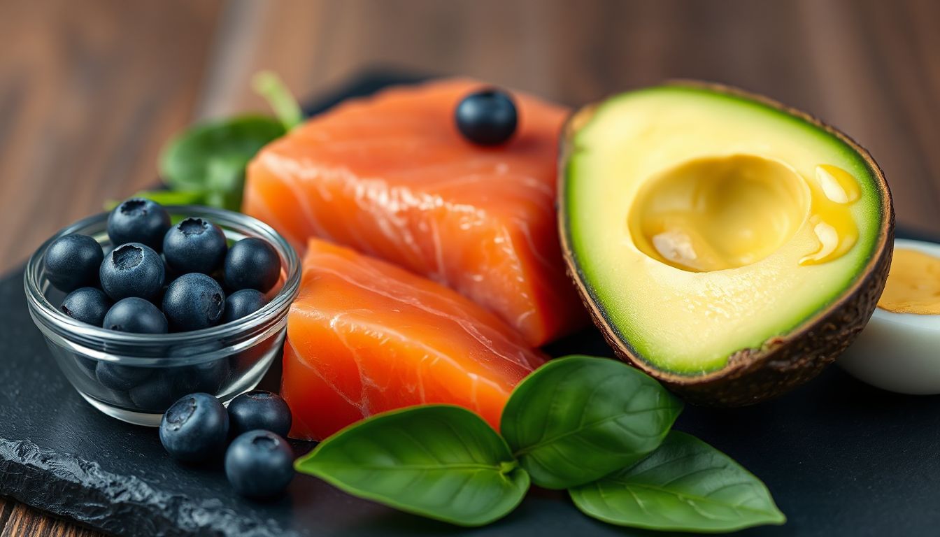 Vibrant assortment of recovery-boosting foods like berries, salmon, eggs, sweet potatoes, and yogurt, ready to fuel your post-workout gains.