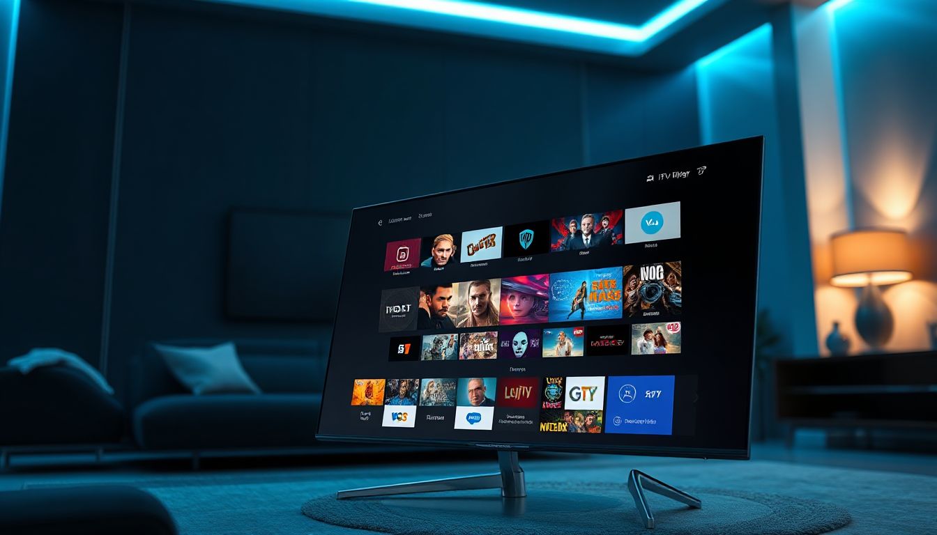 A sleek modern living room setup with a large smart TV displaying vibrant 4K streams, surrounded by connected devices like a streaming box and smartphone, symbolizing the future of seamless IPTV entertainment in 2026.