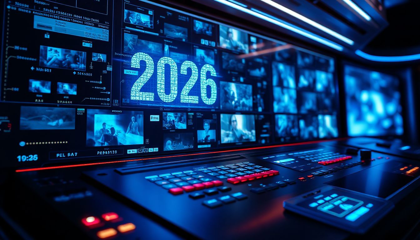 Futuristic IPTV streaming interface with AI-enhanced CMS controls