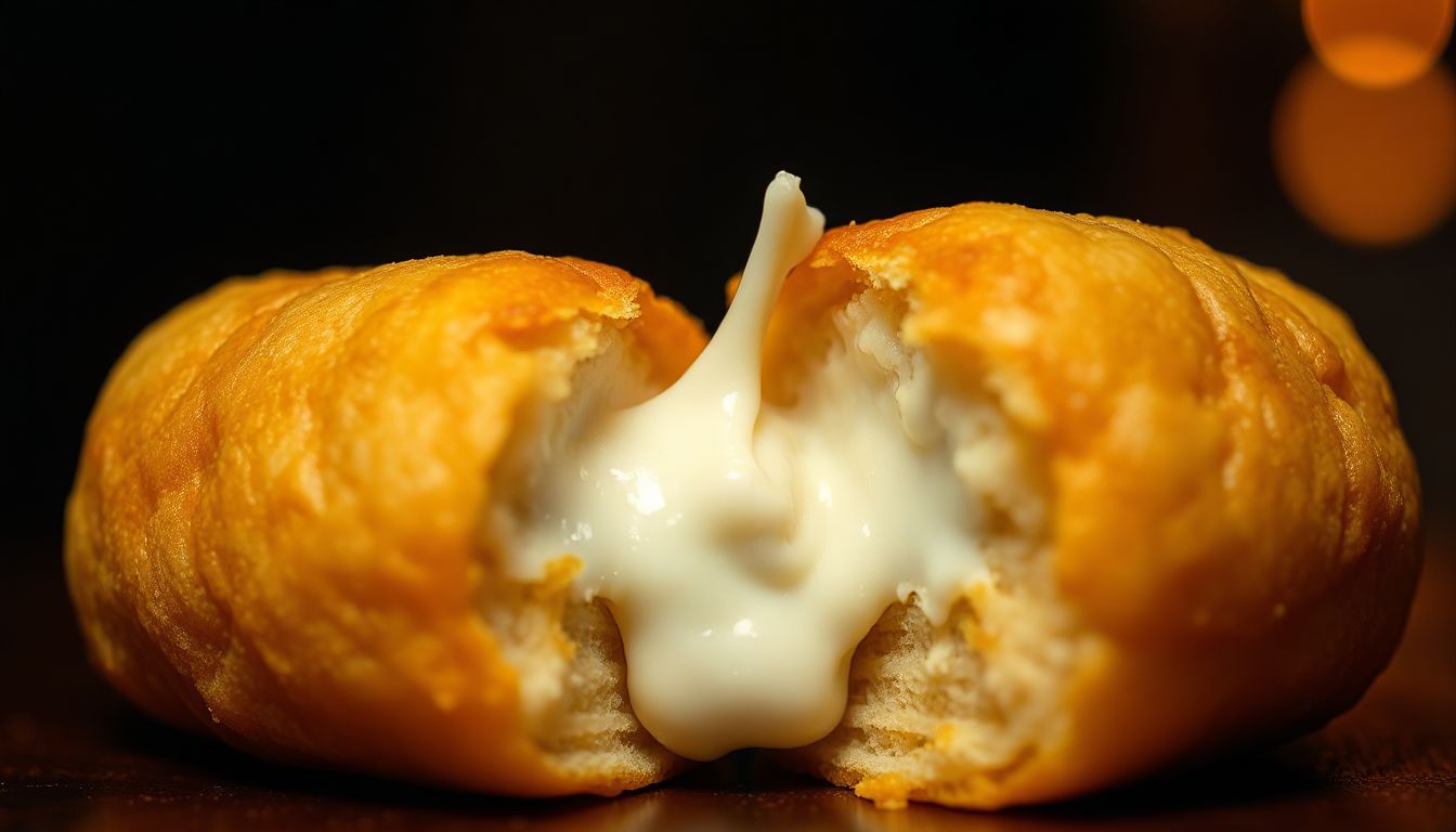 Pempek Mozarella buatan sendiri diiris terbuka, memperlihatkan tarikan keju yang lengket