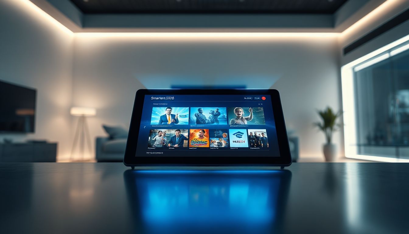 Modern IPTV Smarters Player dashboard displaying live channels and EPG on a smart TV screen