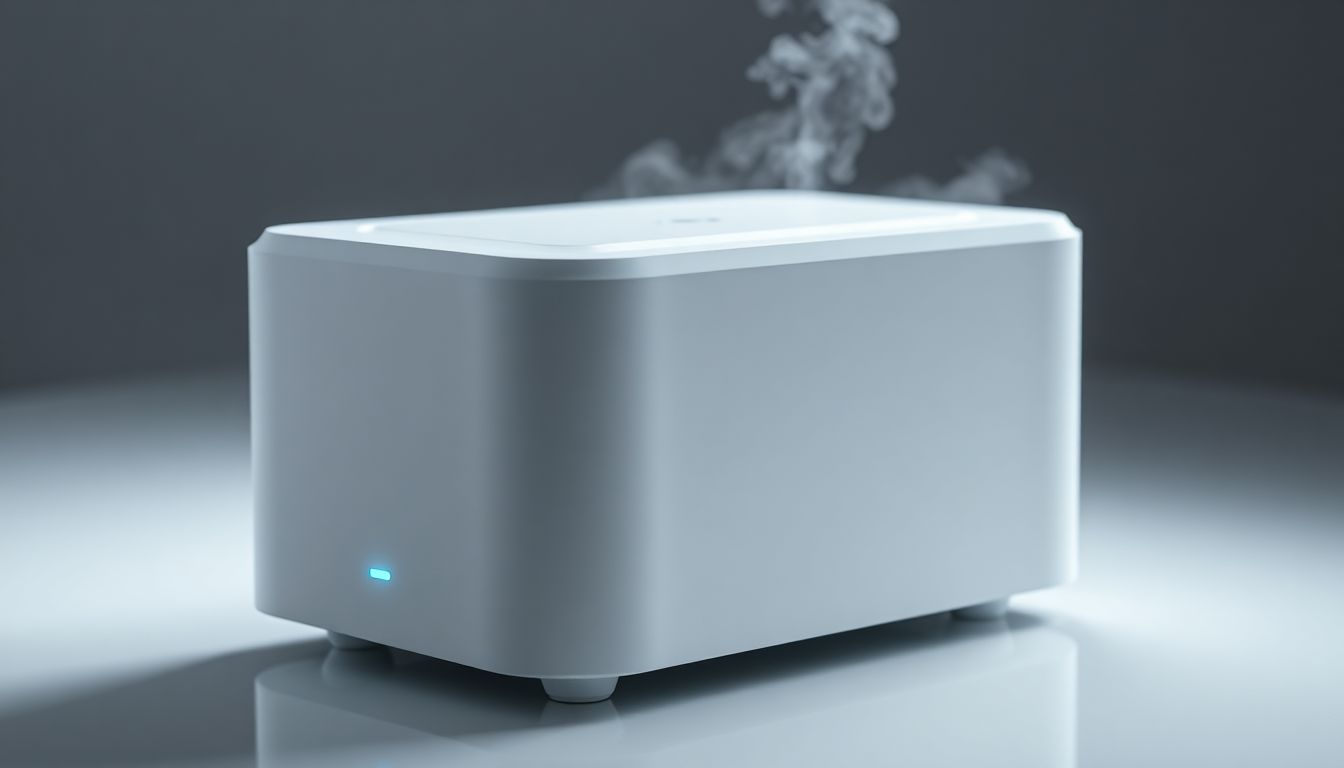 The Aqua Mist System Box delivering a gentle cooling mist in a busy outdoor patio, showcasing its compact design and effective evaporative cooling.