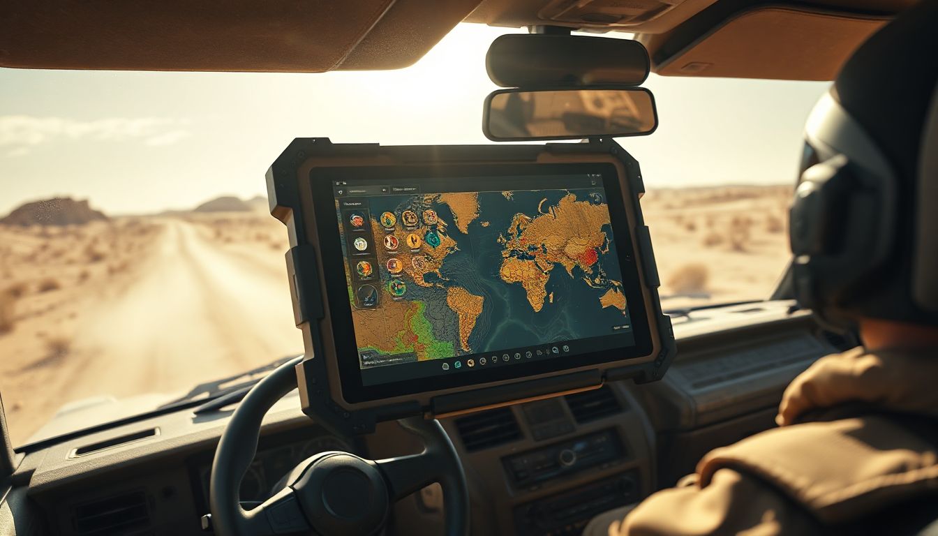 A rugged vehicle tablet securely mounted on a dashboard, shining bright in sunlight while a driver navigates rough terrain
