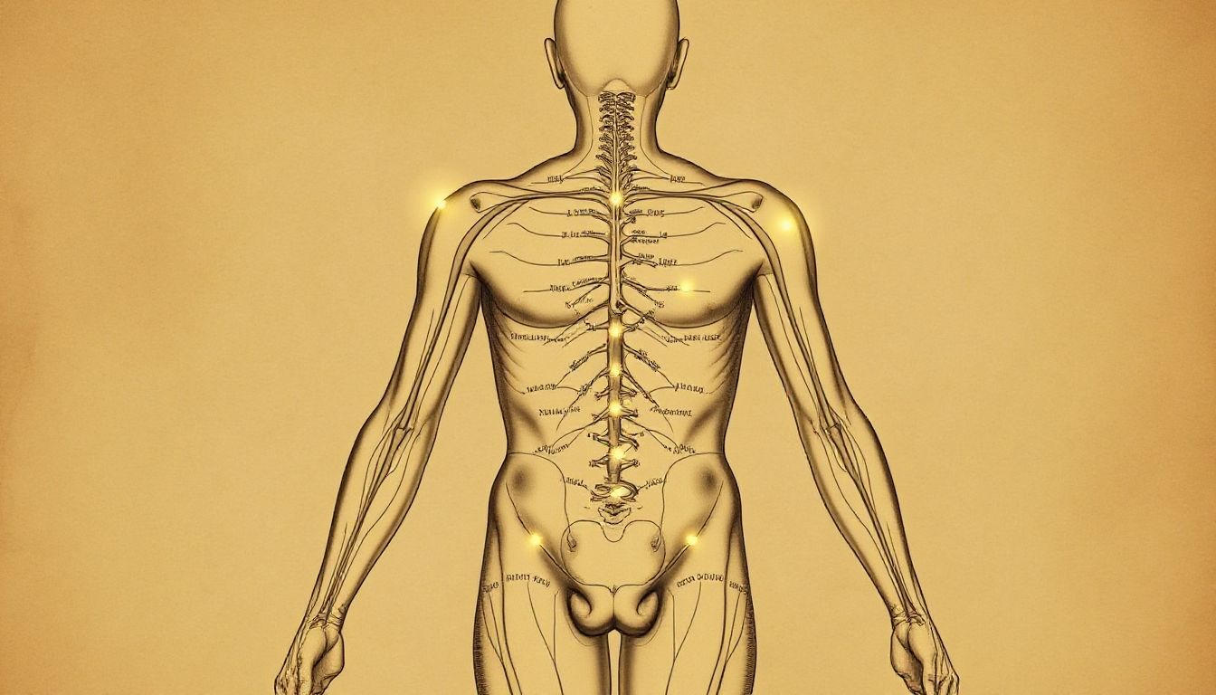 A detailed acupuncture points chart showing meridians and key loci across the human body in Traditional Chinese Medicine