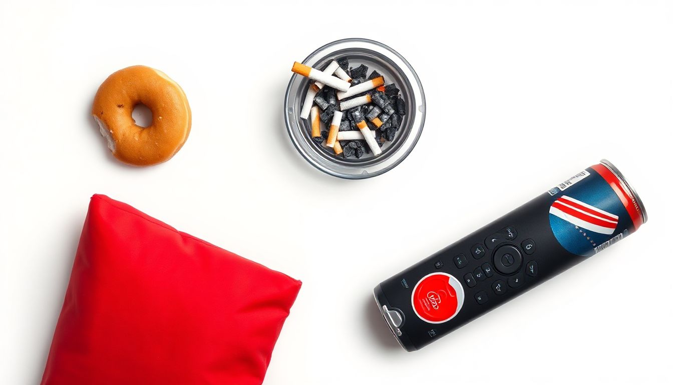 A colorful guide to smart health choices, showing fresh fruits, water bottles, and warning signs for bad habits