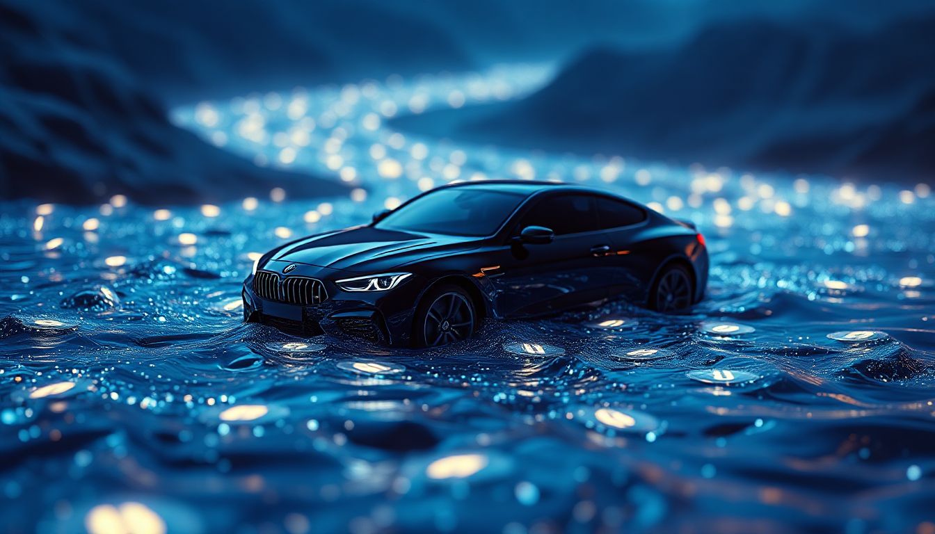 A modern car speeding down a highway at sunset, representing the freedom and excitement of owning your dream vehicle through wise financial planning.