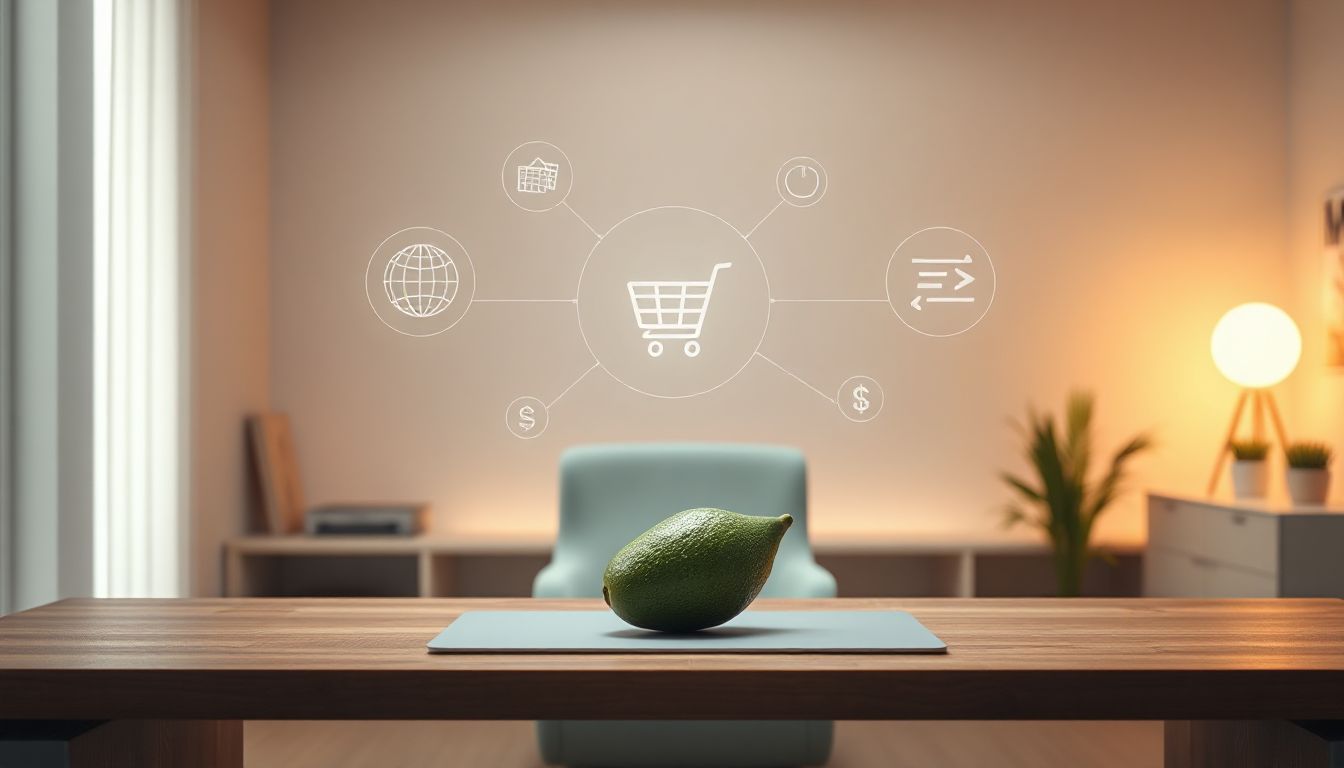 Person working on laptop at home desk with coffee mug and plants, symbols of flexible side income floating around