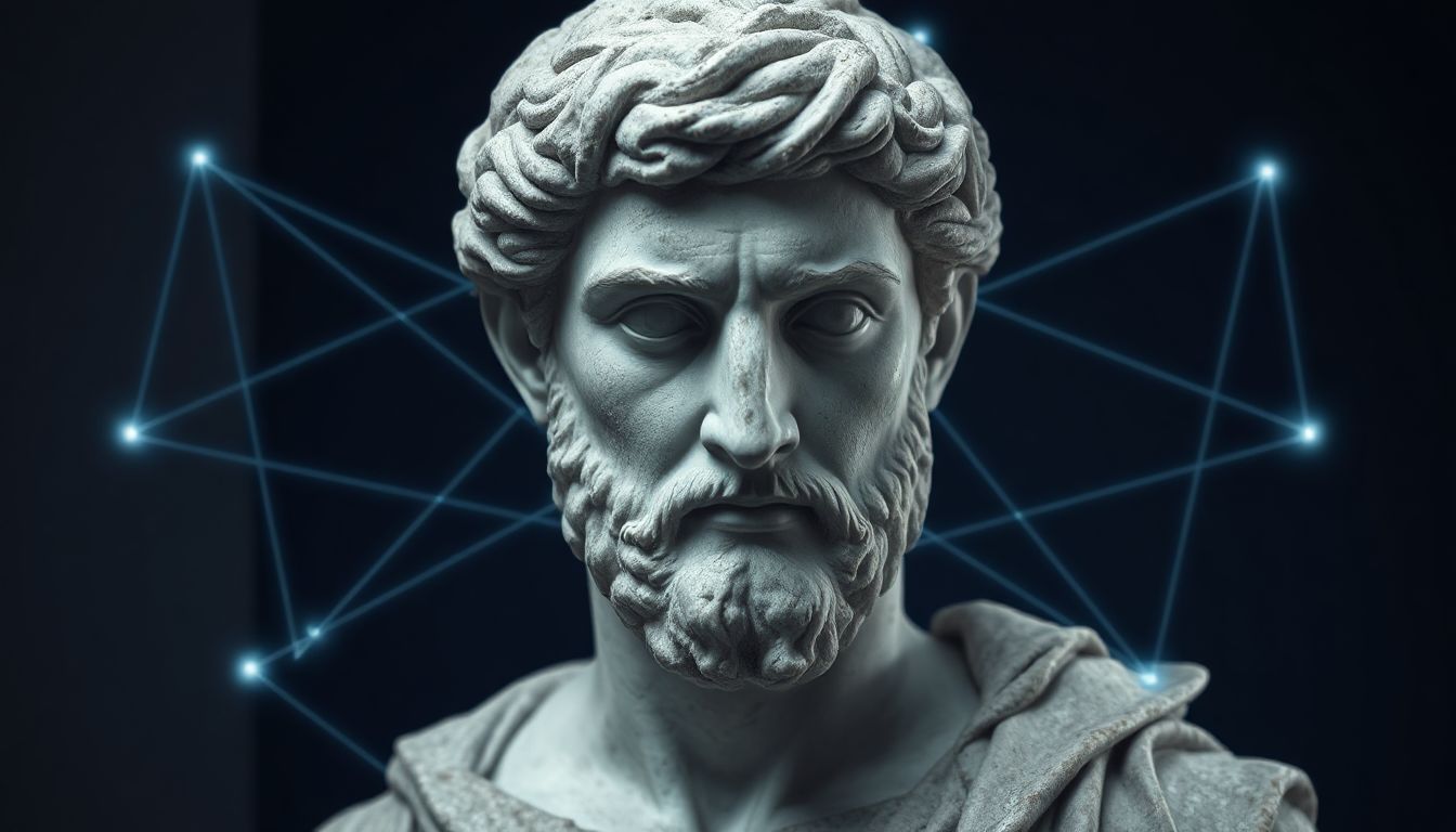 A thoughtful statue of the Roman emperor Marcus Aurelius, representing the enduring calm of Stoic wisdom