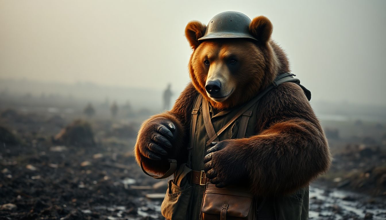 Wojtek the Syrian brown bear stands tall with Polish soldiers, carrying a heavy crate during the Italian campaign in World War II.