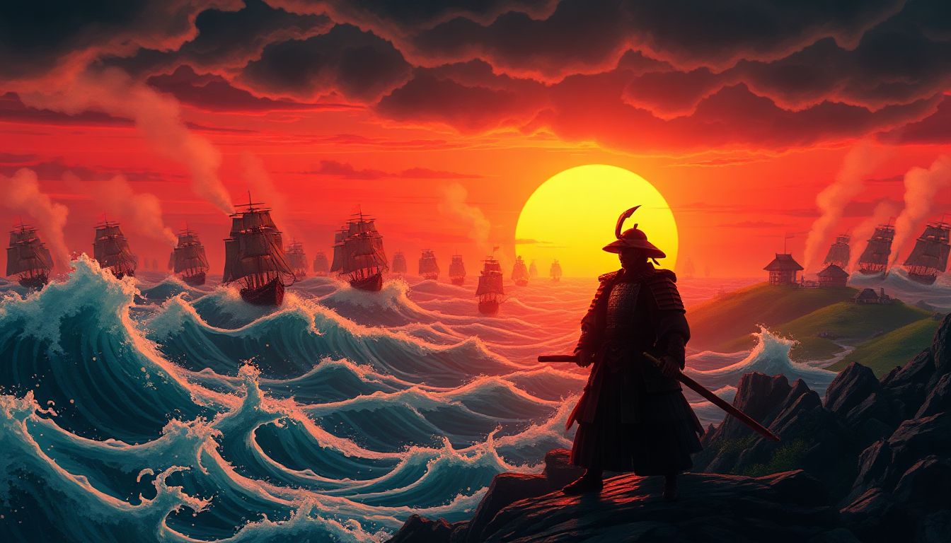 Samurai warriors stand firm against Mongol ships on Japan's shores